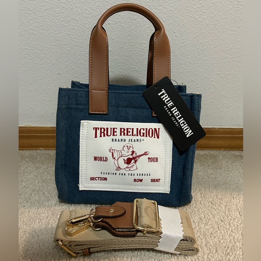 True Religion Buddha Guitar Logo Denim Crossbody Mini Tote Dark Blue NWT Y2K